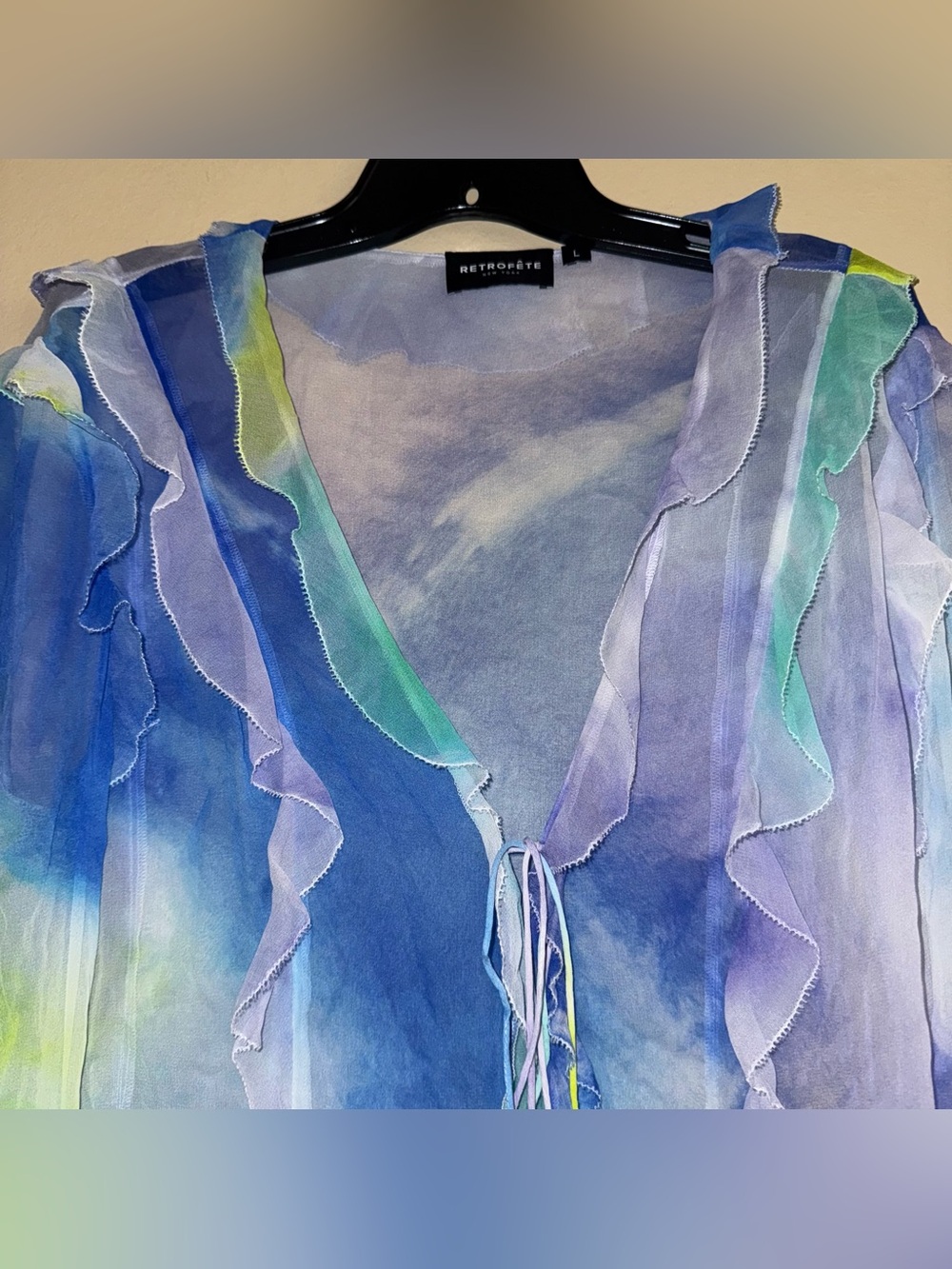 RETROFÊTE AVIVA SILK CHIFFON BLOUSE Watercolor Wave Tie Front Sheer Size L - Picture 7 of 14